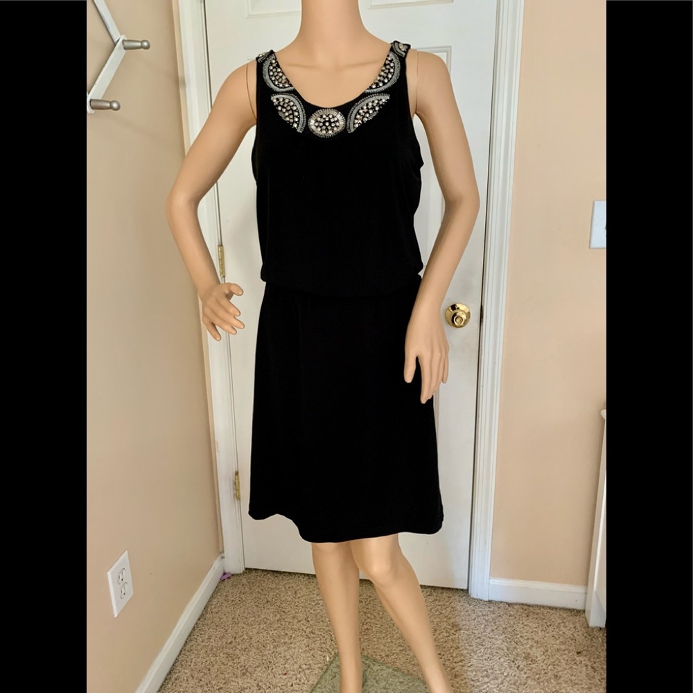 White House Black Market Sleeveless Silver Beaded Sequin Neckline Black Dress S